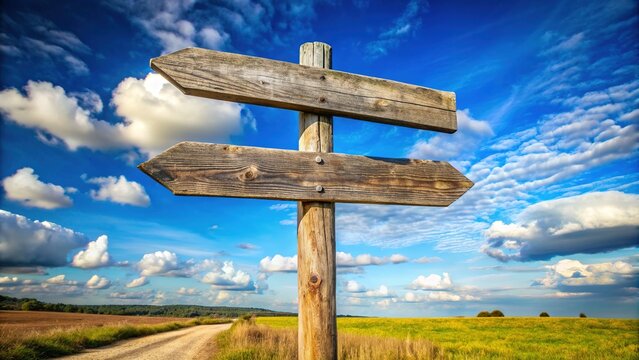 Weathered wooden crossroads sign stands alone at rural intersection, worn directional arrows pointing to unknown destinations under a serene blue cloudless sky. - Powered by Adobe