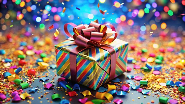 A colorful package with a shiny gift icon on top, surrounded by colorful confetti and ribbons, conveying a sense of excitement and celebration.