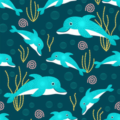Obraz premium Whimsical smiling Dolphins swimming under water Vector Pattern. Wonderland textured dolphins teal nautical seamless pattern.