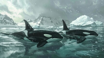 Majestic Orcas Swimming in Icy Arctic Waters with Icebergs in Background - Nature Photography