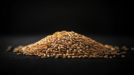 Obraz premium A mound of brown rice grains arranged neatly on a deep black background with high contrast