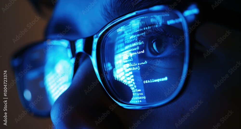 Poster man is looking at a computer screen with a blue background. the screen is filled with code and the m