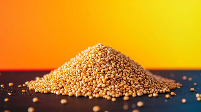 A pile of whole grain sorghum on a matte black surface with a vibrant neon orange and yellow backdrop