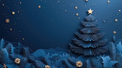 Festive Pine Tree Paper Cut Greeting Card on Dark Blue Background with Christmas Greeting