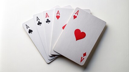 Colorful deck of playing cards fanned out, showcasing four suit symbols: hearts, diamonds, clubs, and spades, against a clean, white, and minimalist background.