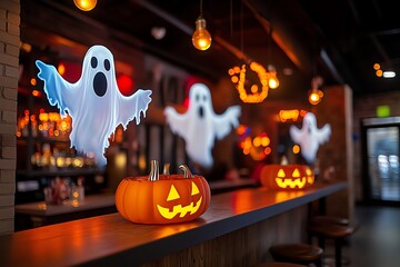 A futuristic haunted Halloween theme park, where holograms of ghosts and high-tech eerie decorations fill the air with spooky excitement