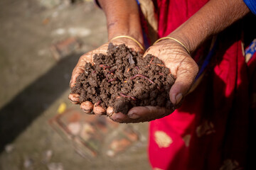 A rural woman trader displays vermicompost fertilizer in her palm.