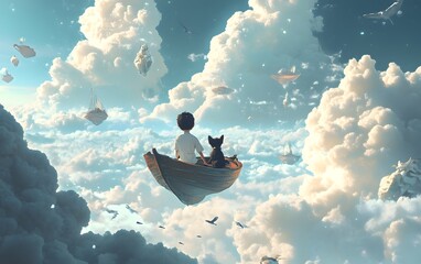 A child and dog float in a dreamlike boat among fluffy clouds, exploring a whimsical, serene sky filled with imagination.