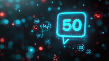 Neon graphic displaying a notification with 50 messages and various communication icons.