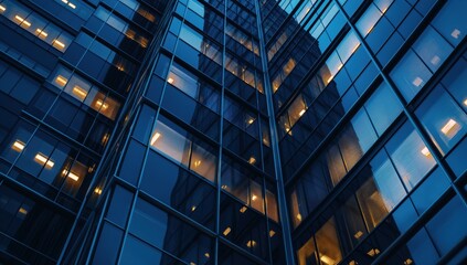 Tall building with many windows and lights shining through them. The building is lit up at night, giving it a modern and sleek appearance