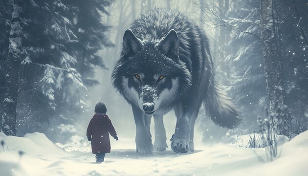 A child encounters a mythical wolf in a snowy forest, blending magic and reality in a breathtaking winter landscape.