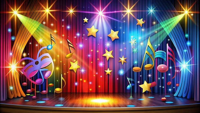 Colorful stage backdrop with spotlights, music notes, stars, and drama masks, symbolizing the world of entertainment and performance, awaiting a talented artist's presence.
