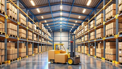 Empty warehouse shelves gradually filling with stacked cardboard boxes and crates, forklifts and pallets in the background, highlighting inventory management and moving processes.