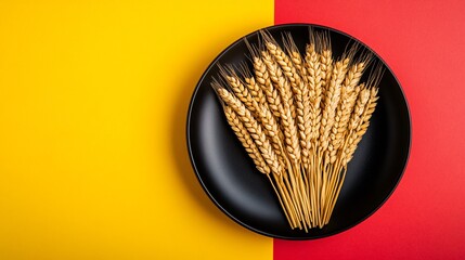Golden wheat berries arranged in rows on a matte black plate against a bright neon red and yellow background