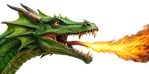 Fototapeta premium Side view dragon head spitting fire isolated on a white background.AI GENERATED