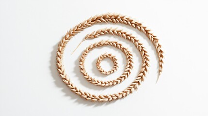 Rye grains arranged in a spiral pattern on a clean white background with soft shadows