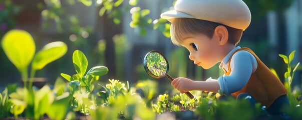 A curious child examines plants with a magnifying glass, showcasing wonder and exploration in a vibrant garden setting.