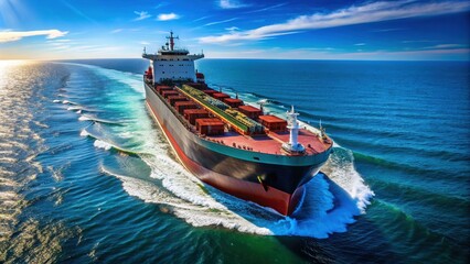 Large commercial oil tanker vessel navigating through open sea waters under a clear blue sky with cargo containers stacked on its deck.