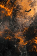 Halloween Abstract Background with Swirling Mist, Bats, and Ghostly Faces in Black and Orange Hues