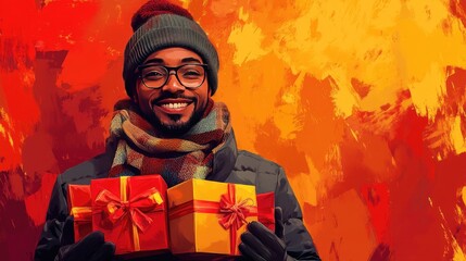 Happy Man Holding Gift Boxes in Colorful Autumn Background