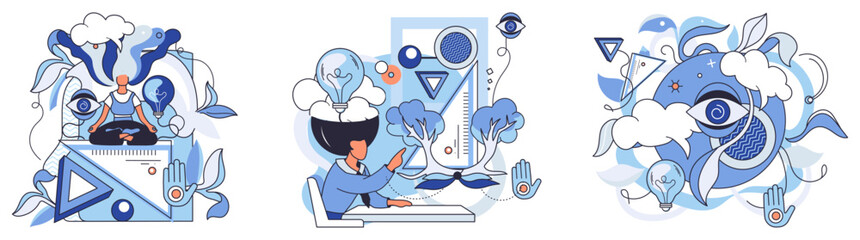 Abstract thinking. A person meditates, another interacts with digital elements, and various geometric shapes float amidst nature-inspired elements. Ideal for creativity, imagination, knowledge