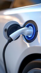 Electric vehicle charging plug with green light indicator, AI generated