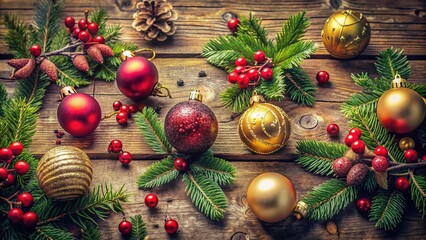 Distressed vintage Christmas ornaments and decorations scattered on a worn wooden table, surrounded by festive holly and evergreen branches with subtle texture overlay.