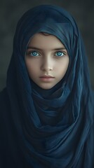 Naklejka premium A young Middle Eastern girl with blue eyes wearing a hijab