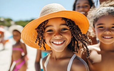 A joyful girl in a bright orange hat smiles at the beach, surrounded by friends enjoying a sunny day by the water.