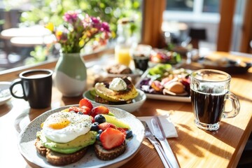 Delight in a vibrant brunch featuring avocado toast, poached eggs, fresh fruit, and specialty coffee, all beautifully arranged under warm sunlight
