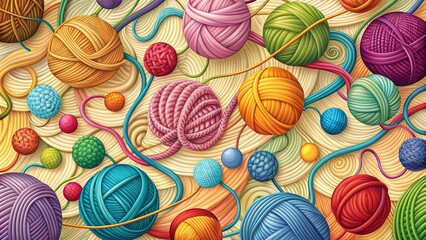 Colorful vector illustration of vibrant knit patterns, swirling threads, and yarn balls in a creative composition on a neutral background with subtle texture.