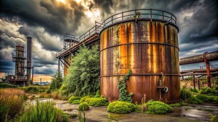 Obraz premium Rusted metal oil tank stands alone in a deserted industrial area surrounded by worn pipes and overgrown with weeds under a gloomy sky.