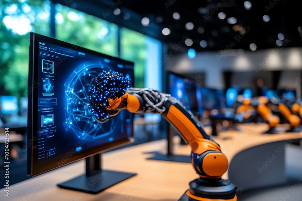Poster a futuristic lab where engineers are developing tomorrowâ€™s innovations, with robotic arms, ai-driv