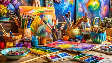 Fototapeta premium Colorful art supplies scattered on a table, surrounded by diverse art pieces, paintbrushes, and canvases, capturing the essence of creative expression and imagination.
