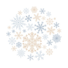 Snowflakes collection design elements vector circle isolated on white background. Set of golden and silver Snow icon symbols. Merry Christmas and happy new year ice crystal for winter greeting print