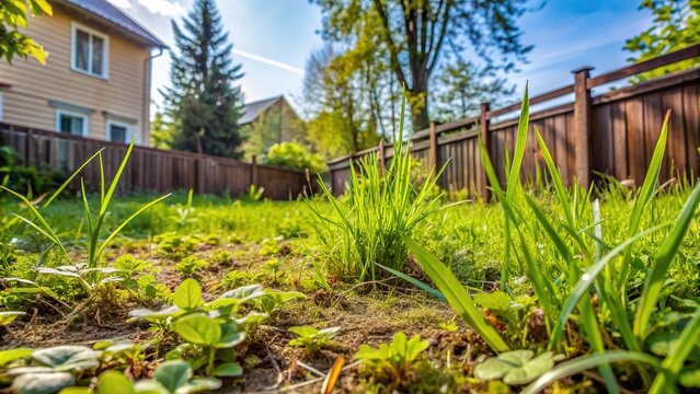 Overgrown weeds sprout in every direction, outnumbering the thin blades of grass, creating a neglected and chaotic scene in a residential backyard landscape.