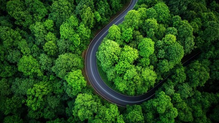 Lush forest canopy absorbs CO2 from the atmosphere, shaping the winding roadway below. The vibrant greenery symbolizes carbon neutrality and zero emissions, promoting a sustainable environment