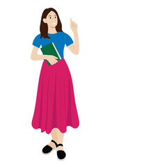 Full length girl with book in one hand, index finger of other hand raised up, isolate on white, flat style, avatar