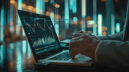Businessman analyzing business diagram, marketing statistics and finance market graphs on laptop monitor in the office.