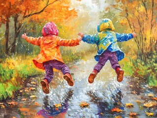 Two children joyfully jumping in puddles during a colorful autumn day, showcasing the beauty of nature's vibrant season.