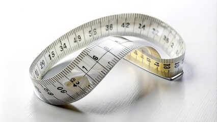 Transparent measuring tape stretched across a white background, its flexible ruler curving slightly, showcasing its precise measurement markings in a clean and minimalist composition.