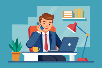 Business man, male manager on desk sitting phone talk pose stock illustration