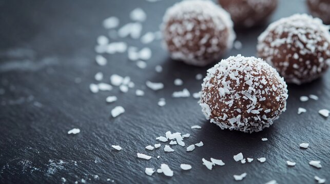 Raw cacao truffles dusted with coconut flakes, placed on a slate stone background