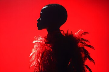 Fototapeta premium Silhouette of person with feathered costume against red background