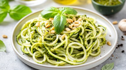 Raw zucchini spaghetti topped with fresh pesto and pine nuts on a matte white plate