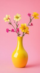 Yellow vase with colorful flowers on pink background, minimalist decor. Spring freshness and floral art concept