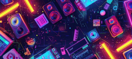 90s Music Festival Banner with Neon Lights and Concert Tickets on Grungy Background - Event Design