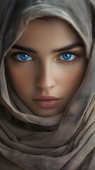 Naklejka premium A young Middle Eastern girl with blue eyes wearing a hijab