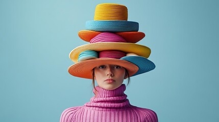 A creative portrait of a woman showcasing a colorful and whimsical hat stack against a soft blue background, emphasizing fashion and fun.