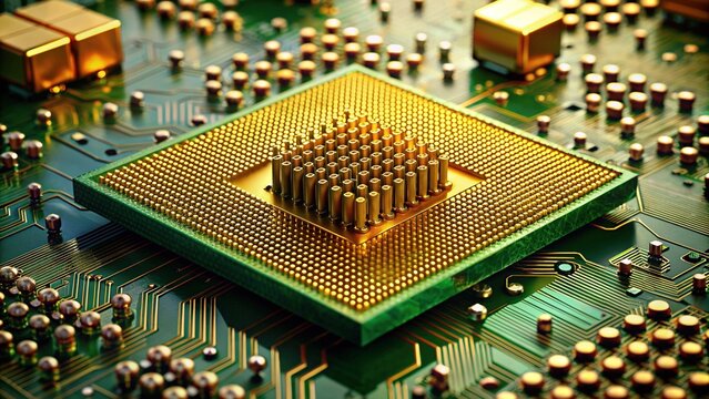 Close-up of a cutting-edge central processing unit with golden pins and intricate circuitry, surrounded by miniature capacitors and wires on a green motherboard.